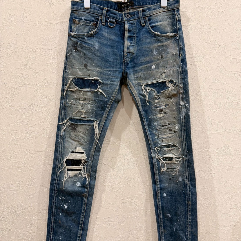 OVER DESIGN デニムパンツ 日本製 クラッシュ リペア ペイント加工 スキニー