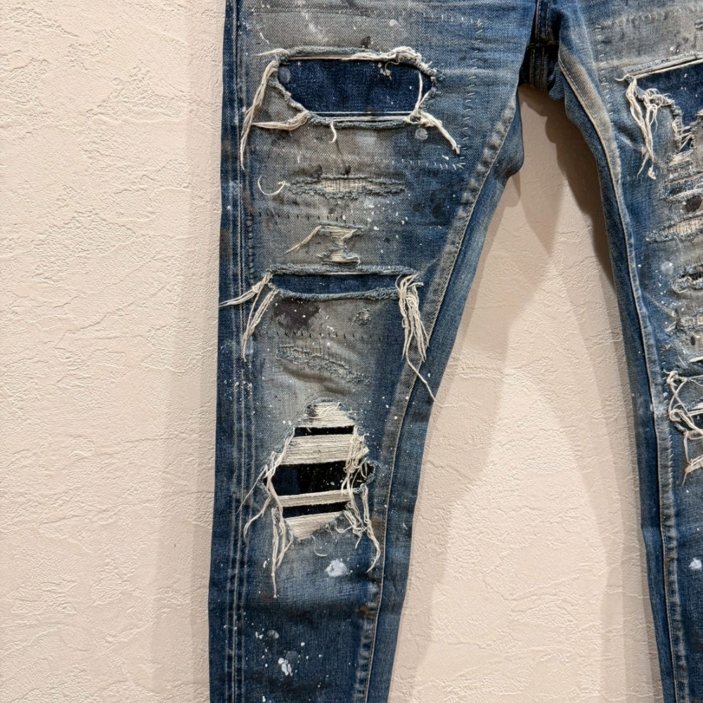 OVER DESIGN デニムパンツ 日本製 クラッシュ リペア ペイント加工 スキニー - 画像 (9)