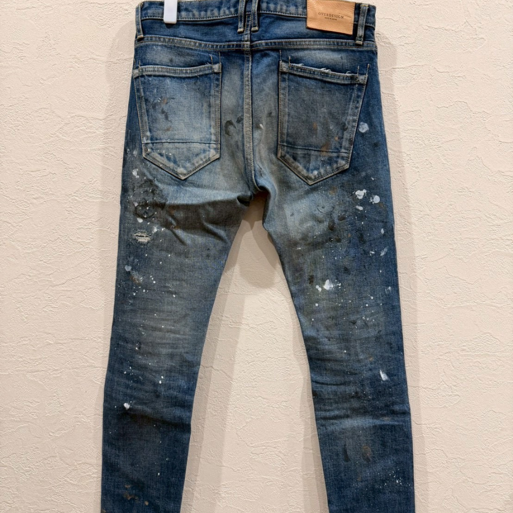 OVER DESIGN デニムパンツ 日本製 クラッシュ リペア ペイント加工 スキニー - 画像 (4)