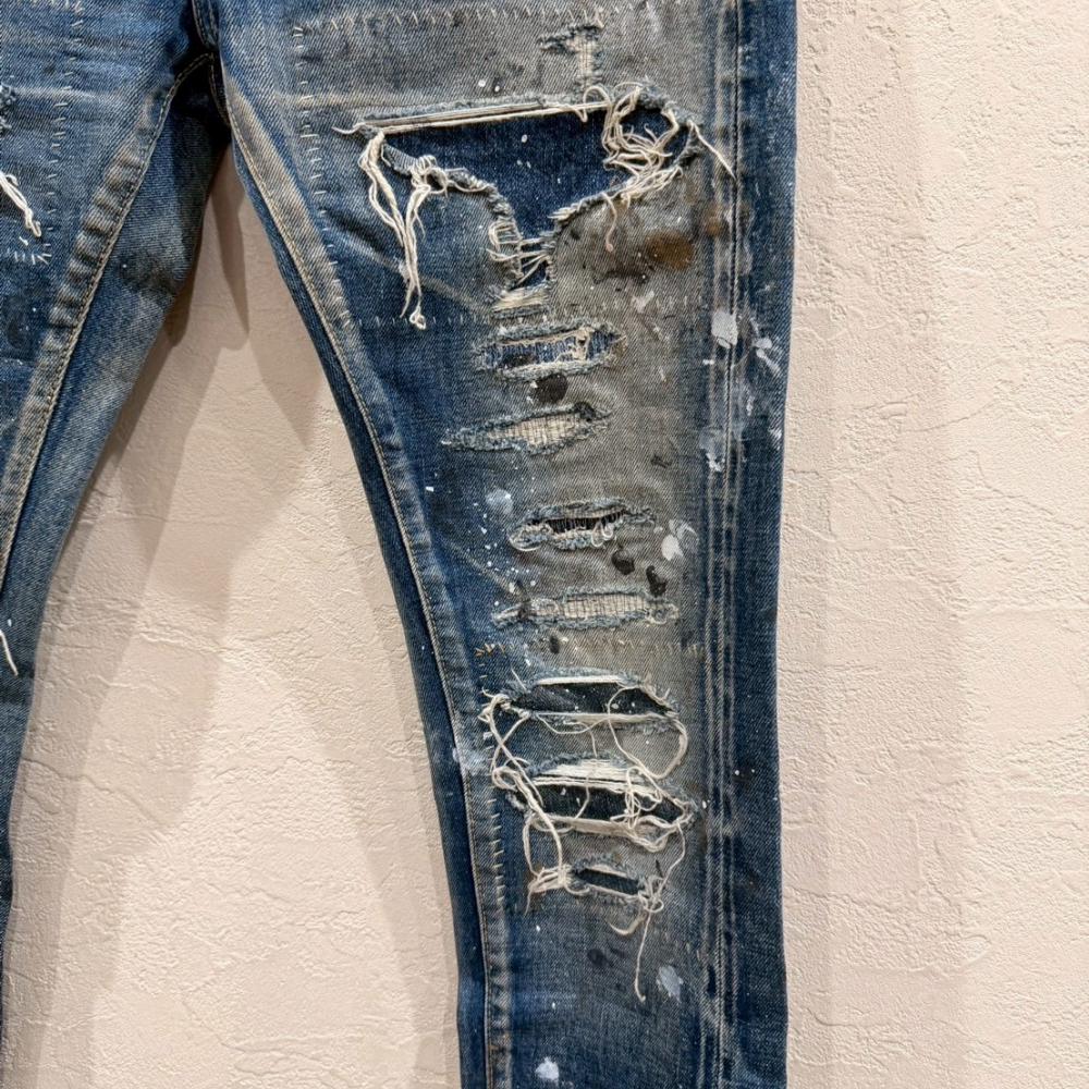 OVER DESIGN デニムパンツ 日本製 クラッシュ リペア ペイント加工 スキニー - 画像 (2)