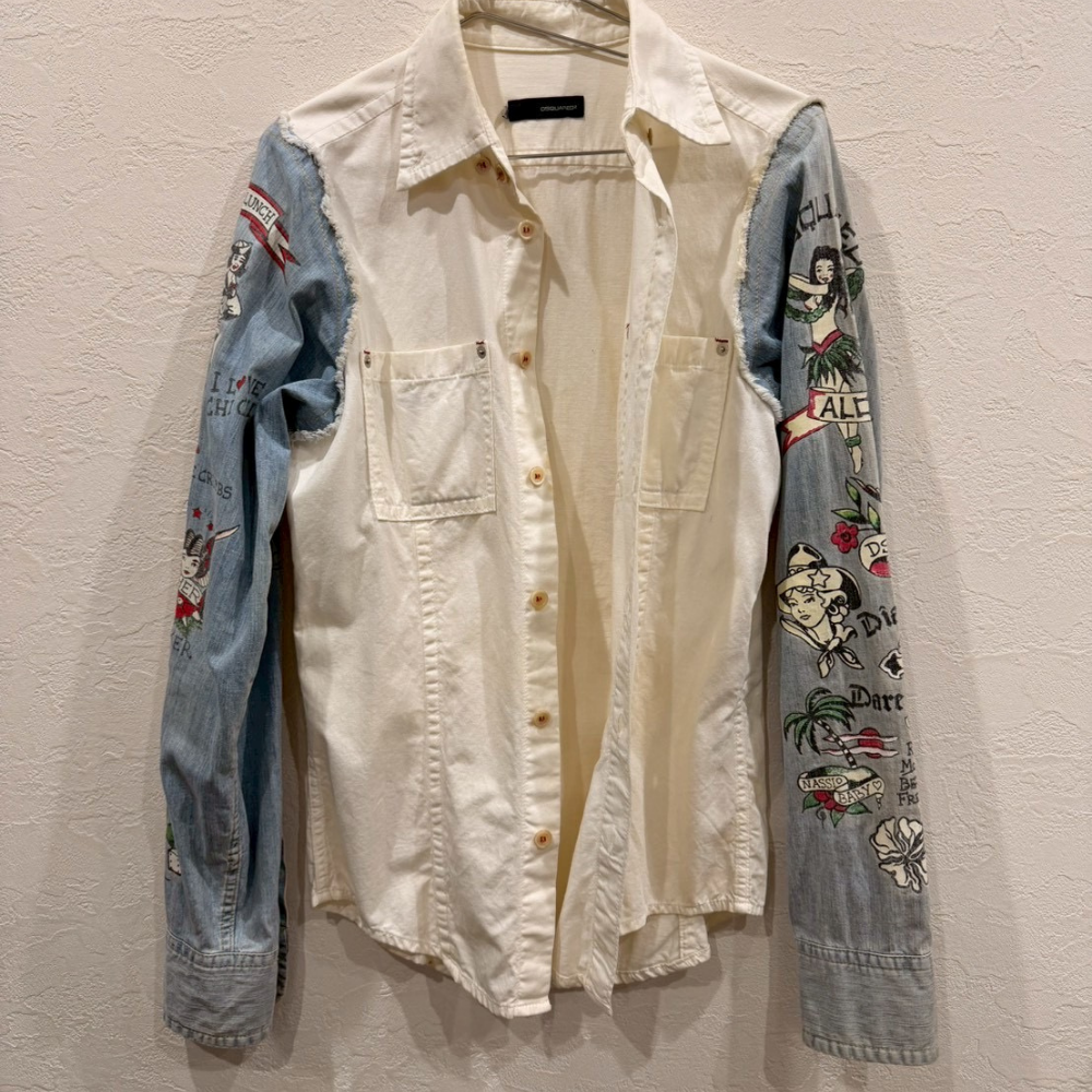 DSQUARED2 デニム切替シャツ 総柄スリーブ 刺繍プリント アーカイブモデル メンズ - 画像 (3)