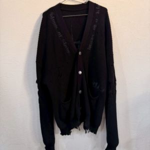 cma ダメージ加工ワッフルニットカーディガン / ブラック / ルーズシルエット